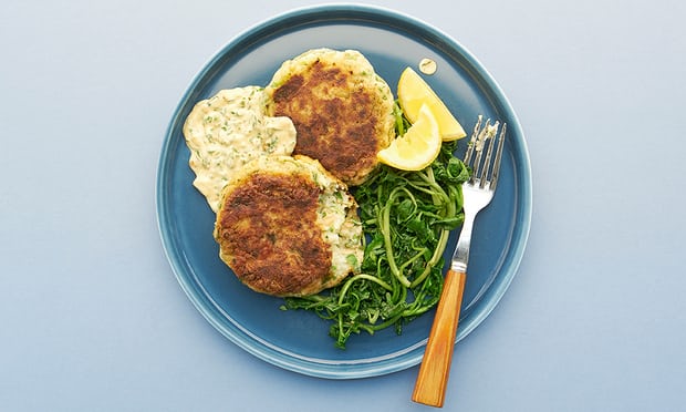 The light luxury: Thomasina Miers' fishcakes with wild garlic messine.