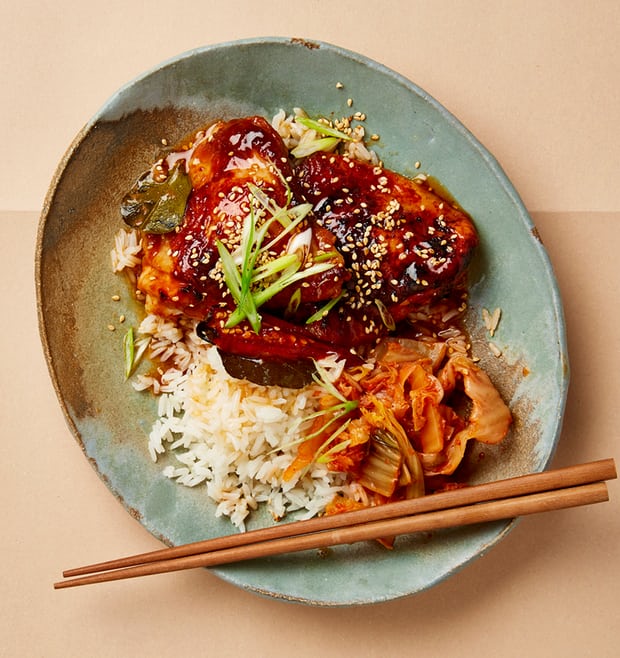 The umami main: Yotam Ottolenghi's roast chicken with sweet miso glaze, sticky rice and kimchi.