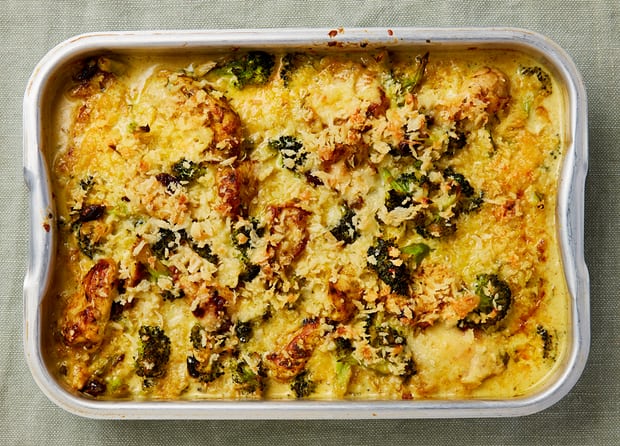 The traybake: Yotam Ottolenghi's coronation chicken and broccoli bake.