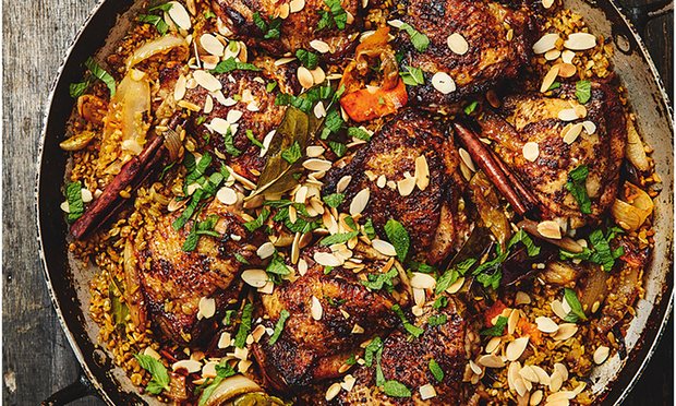 Yotam Ottolenghi's chicken with dates, saffron and freekeh.