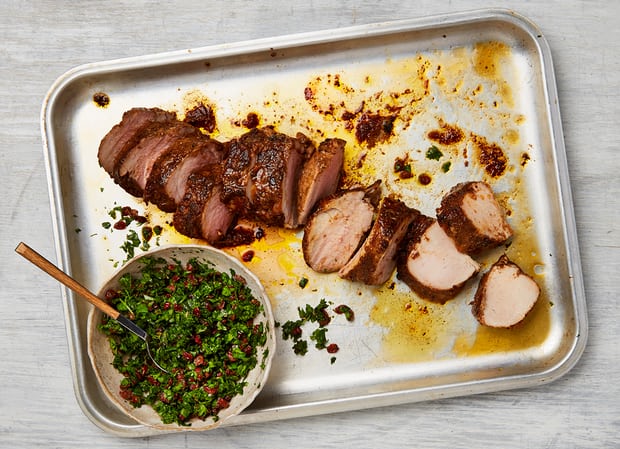 The lean roast: Yotam Ottolenghi's Chinese five-spice pork with parsley and barberry salsa.